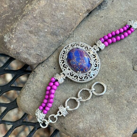 New in box! Purple Turquoise Mix Beaded Bracelet Silver Toned Earthy Boho 5.5” - Picture 1 of 5